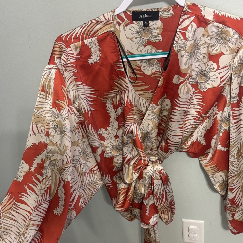 Aakaa Red and Cream Floral Tie-Front Blouse